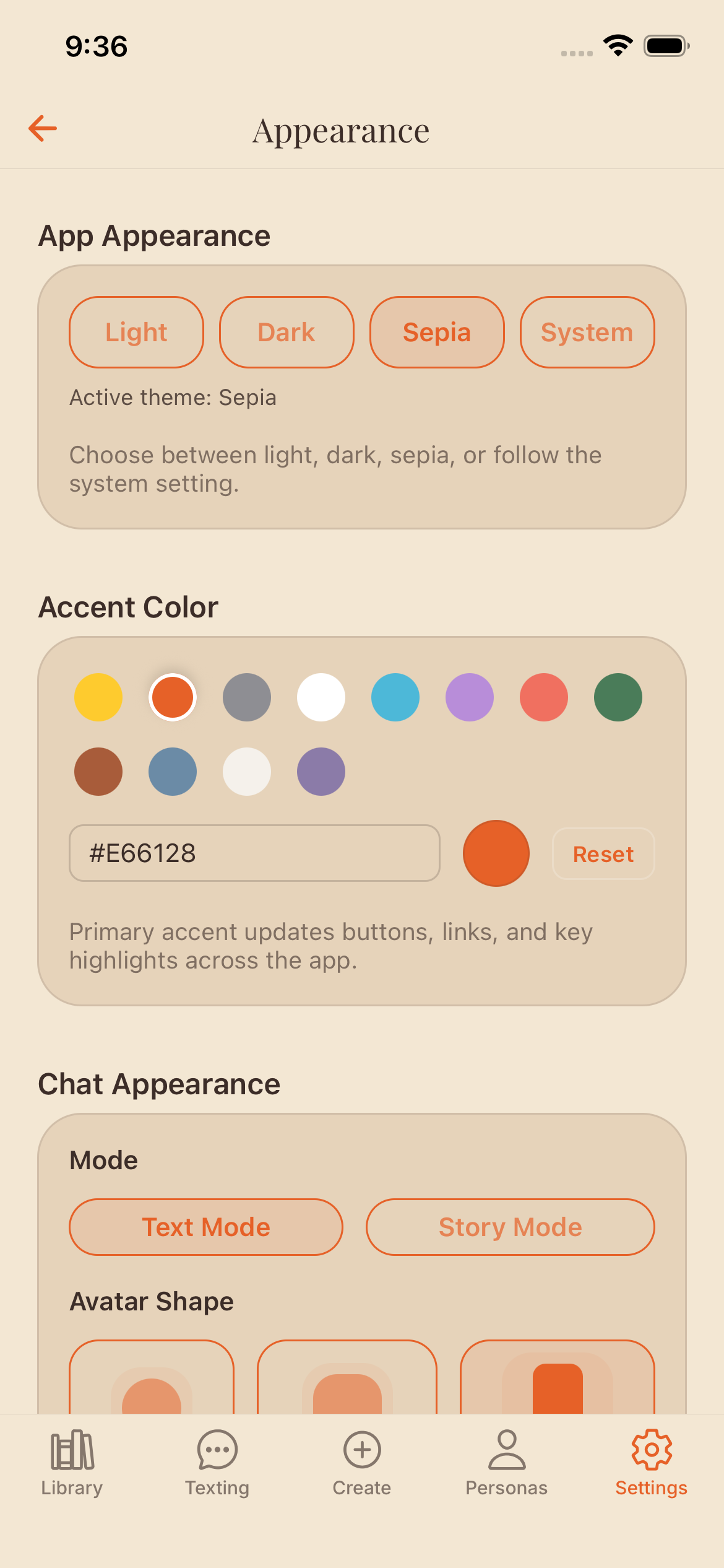Settings - Sepia Theme