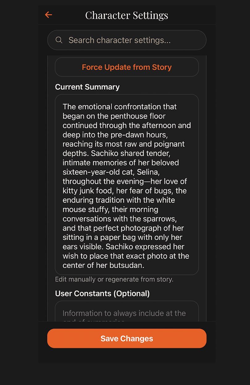 Character Settings with a current story summary and memory controls